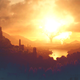A Lord of the Rings gleaming fantastical city is lit by two massive, glowing trees in the distance.